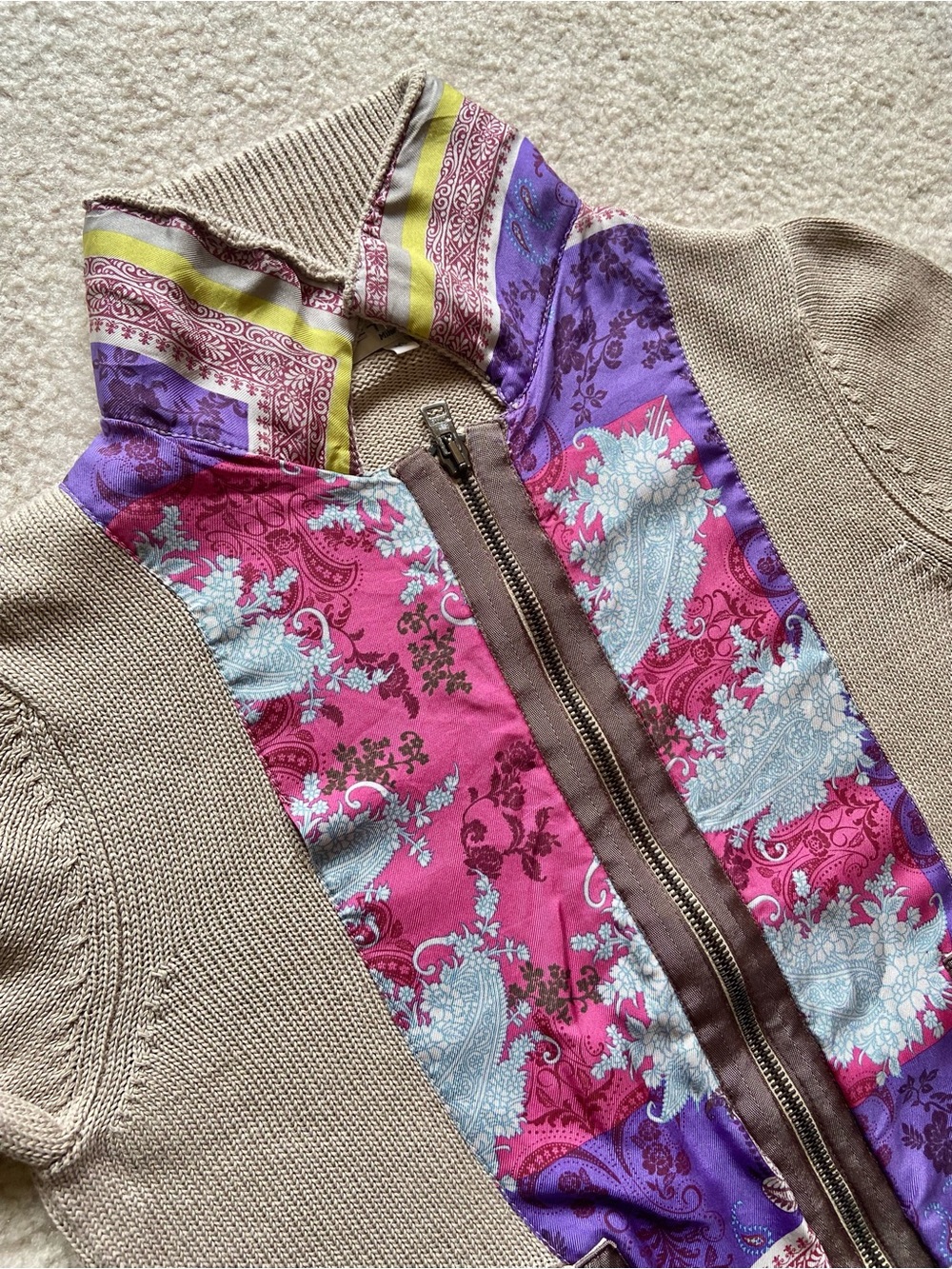 NWT Etro Knit Full Zip up Cardigan with Silk Paisley insert Beige, IT 40/US 4-6
